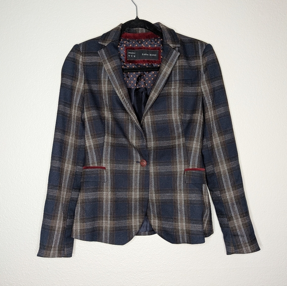 Zara Womens Navy Brown Classic Preppy Academia Business Office Plaid Blazer S - Picture 1 of 9